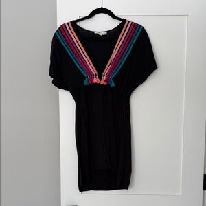 Lovestitch Black Tunic with Colorful V-Neck Stripes